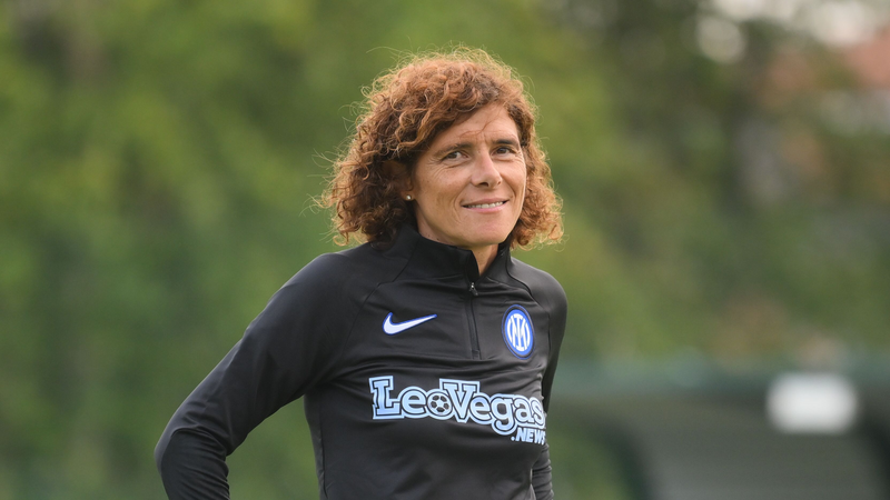 Alessandro Spugna(Coach Roma) and Rita Guarino(Coach Inter) during Inter FC  Internazionale vs AS Roma, Italian football Serie A Women match in Sesto  San Giovanni (MI), Italy, April 15 2023 Stock Photo 