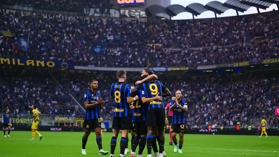 MILAN, ITALY - OCTOBER 10: Marcus Thuram of FC Internazionale celebrates with team-mates after scoring the goal during the